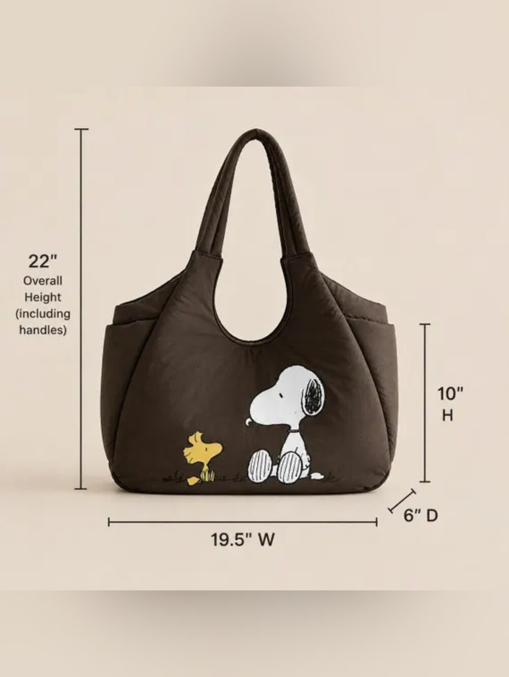 Peanuts Snoopy and Woodstock Padded Shopper, Large Shoulder Brown Bag, Primark - Picture 4 of 7